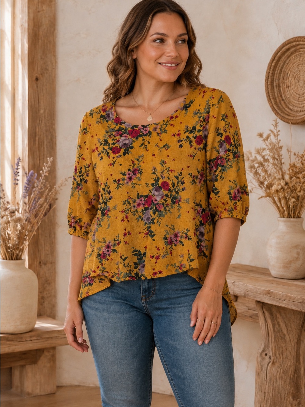 torrid Mustard Floral Scoop-Neck Hi-Low Blouse